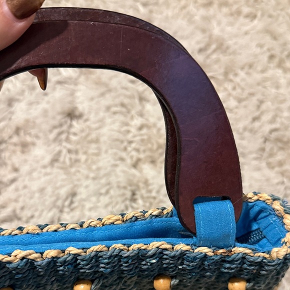 Blue & Tan Woven Tote Bag Women Beach Summer Straw Purse - Picture 3 of 5